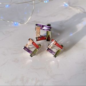 Multi Color Glass Silver Tone Ring and Earrings